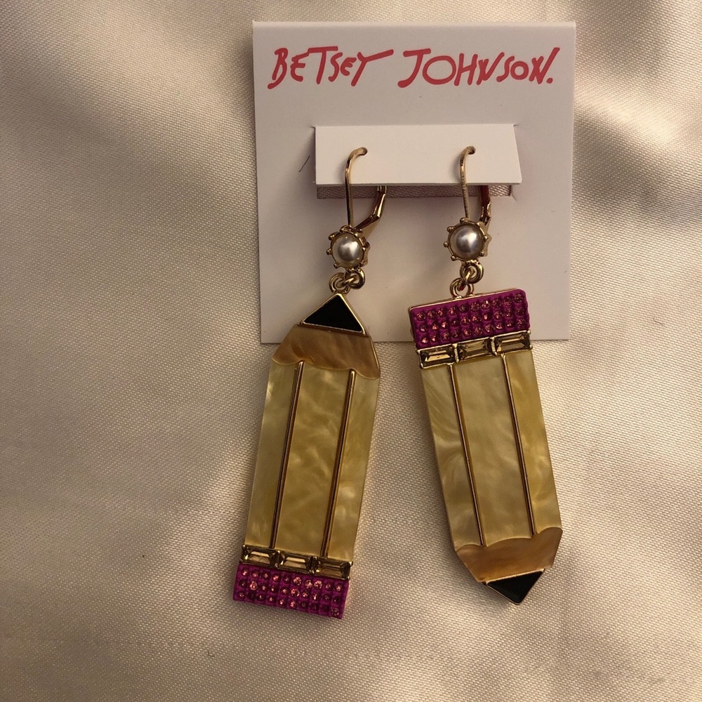 Betsey Johnson Gold Tone Back To School Pencil Mismatch Drop Earrings NWT